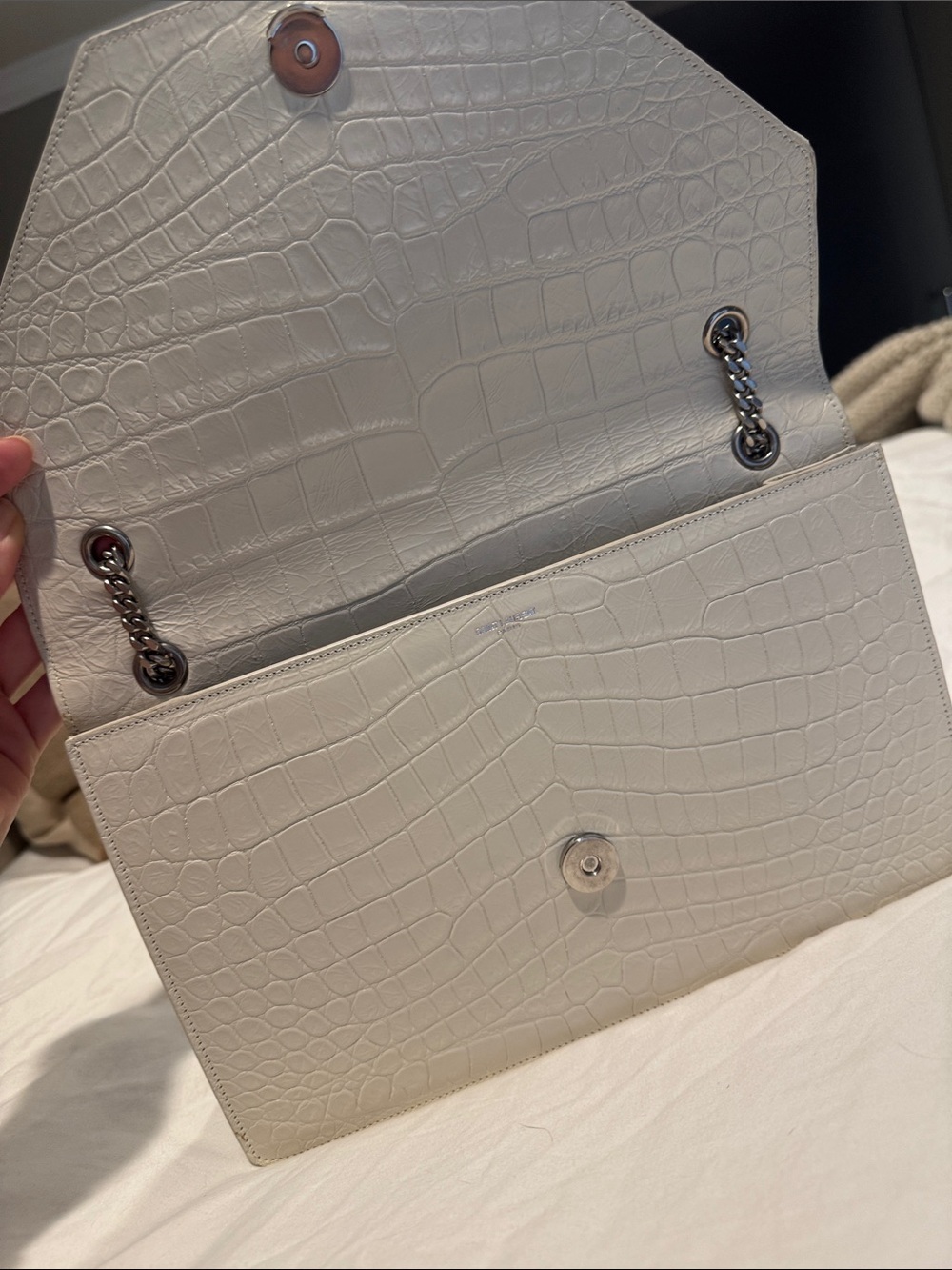 YSL White Croc-Embossed Chain Shoulder Bag - QUIET LUXURY- Saint Laurent